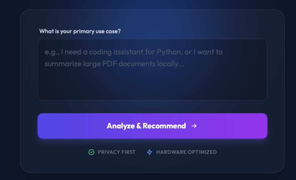 Stackend input screen: a free-text box where the user describes their AI use case