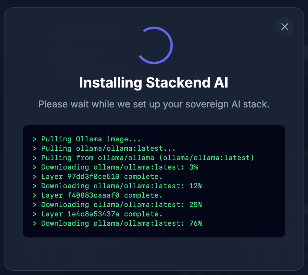 Stackend install screen: real-time progress as the chosen model is pulled and the container starts